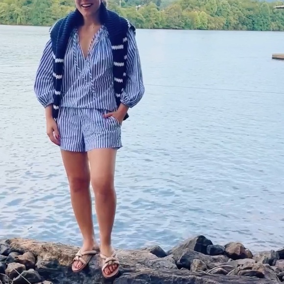 Lake Pajamas Other - Lake Pajamas Striped Blouson Sleeve Cotton Top Blue White Large
